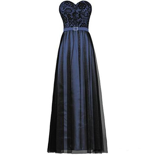 Elegant strapless prom dress in dark blue with a lace bodice and flowing tulle skirt