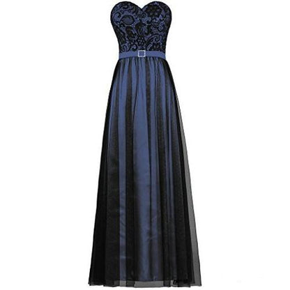 Elegant strapless prom dress in dark blue with a lace bodice and flowing tulle skirt