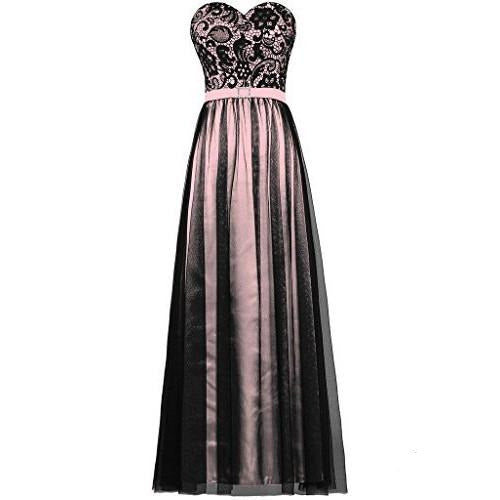 Elegant strapless prom dress featuring a black lace bodice and a flowing pink skirt