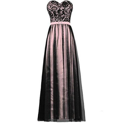 Elegant strapless prom dress featuring a black lace bodice and a flowing pink skirt