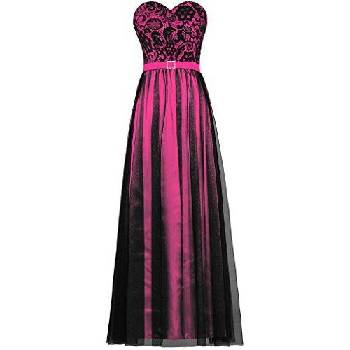 Elegant strapless prom dress in pink and black with floral lace bodice and flowing skirt