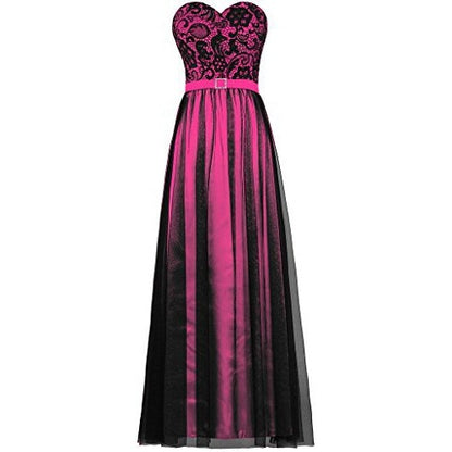 Elegant strapless prom dress in pink and black with floral lace bodice and flowing skirt