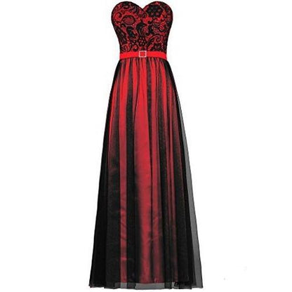Elegant strapless prom dress in red and black with a heart-shaped bodice and flowing skirt