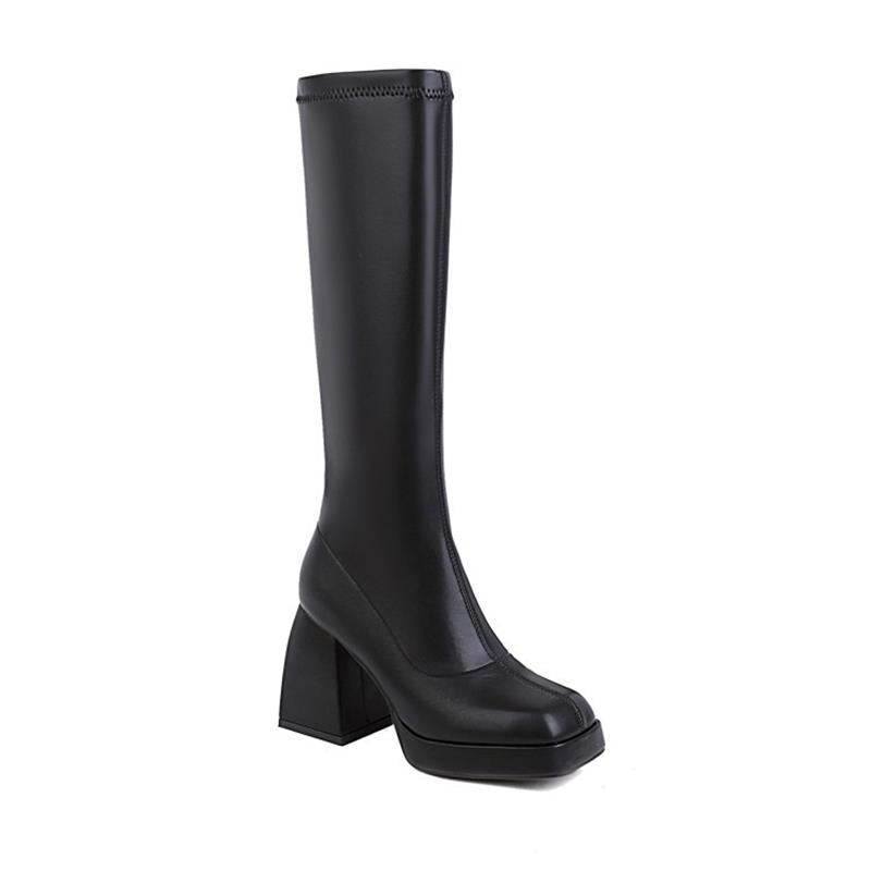 Tucomosi stylish black knee high boots with a chunky heel for fashionable looks