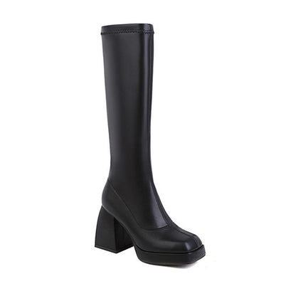Tucomosi stylish black knee high boots with a chunky heel for fashionable looks