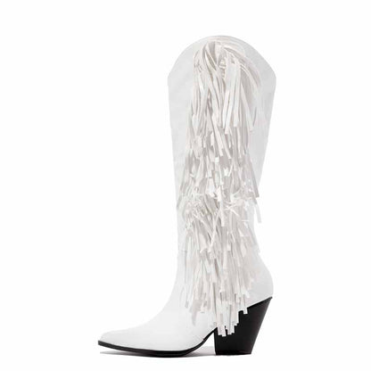 White Cowgirl Boots with Fringe Detail and Wedge Heel, stylish country boots for prom