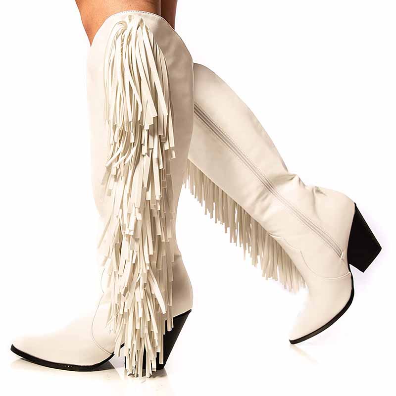 White cowgirl boots with fringe detailing, perfect stylish country boots for prom