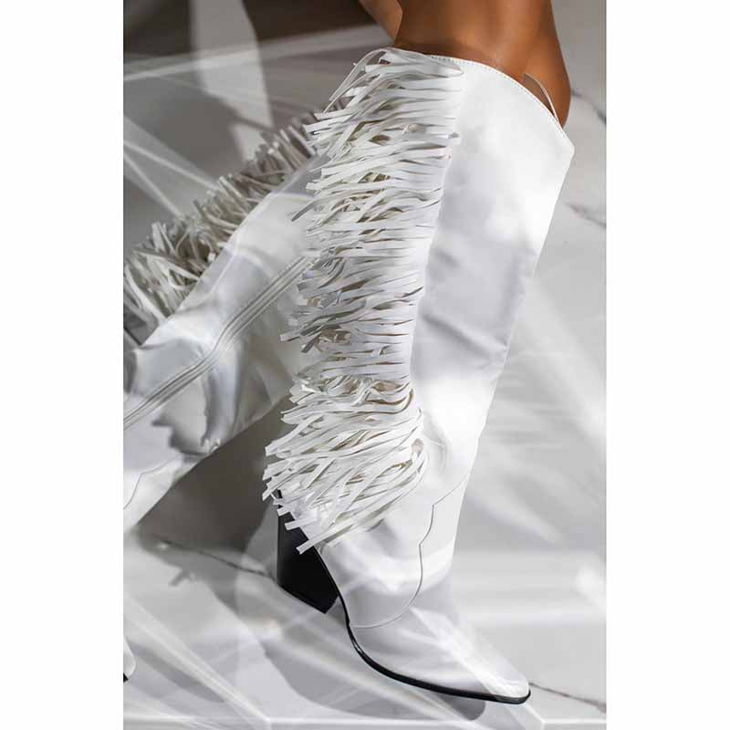 Stylish country boots for prom featuring unique fringe detailing and a chic white design
