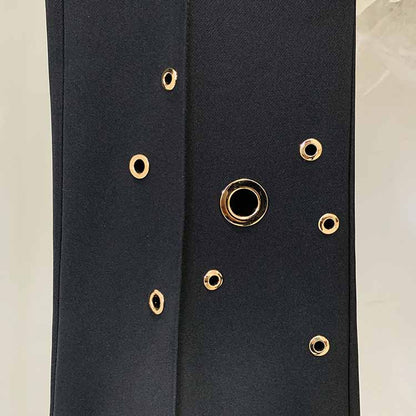 Women Metal Rings Black Blazer + Mid-High Rise Flare Trousers Pants Suit White / Black