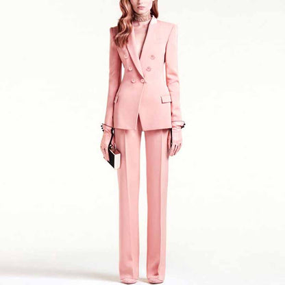 Women Pantsuits Fitted Blazer + Mid-High Waist Trousers Suit in Pink, Black Color