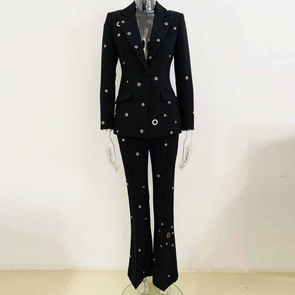 Women Metal Rings Black Blazer + Mid-High Rise Flare Trousers Pants Suit White / Black