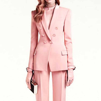 Women Pantsuits Fitted Blazer + Mid-High Waist Trousers Suit in Pink, Black Color