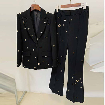 Women Metal Rings Black Blazer + Mid-High Rise Flare Trousers Pants Suit White / Black