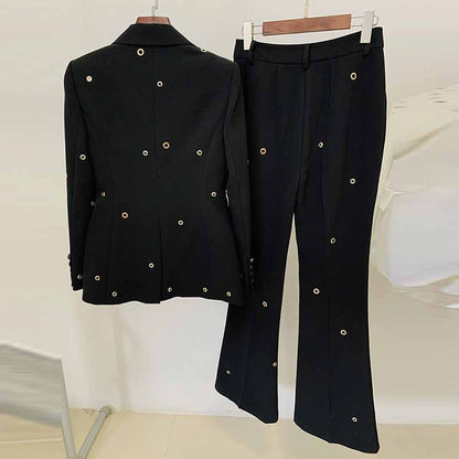 Women Metal Rings Black Blazer + Mid-High Rise Flare Trousers Pants Suit White / Black