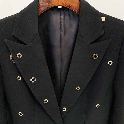 Women Metal Rings Black Blazer + Mid-High Rise Flare Trousers Pants Suit White / Black