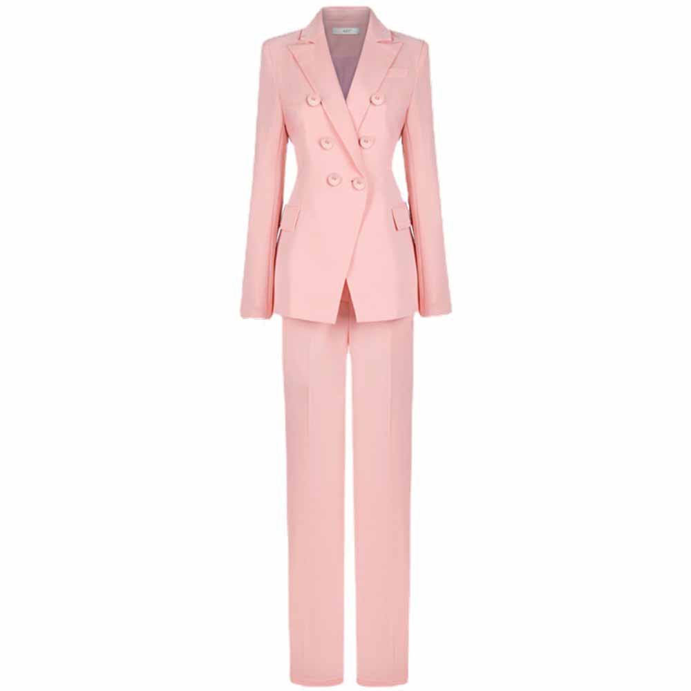 Women Pantsuits Fitted Blazer + Mid-High Waist Trousers Suit in Pink, Black Color