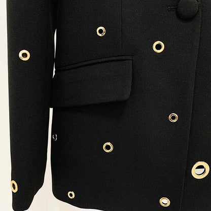 Women Metal Rings Black Blazer + Mid-High Rise Flare Trousers Pants Suit White / Black