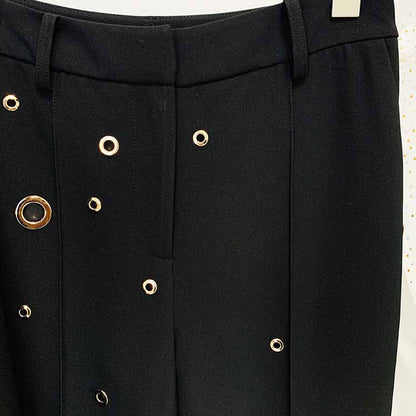 Women Metal Rings Black Blazer + Mid-High Rise Flare Trousers Pants Suit White / Black