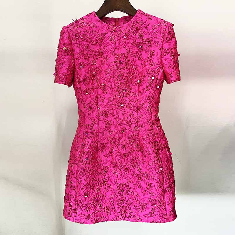 Women Luxury Hand Made 3D Flowers Embroidery Short Mini Dress Hot Pink