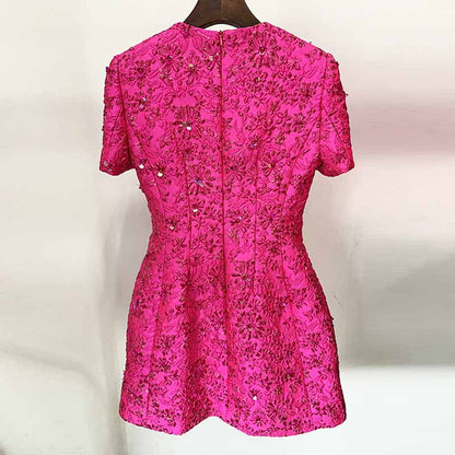 Women Luxury Hand Made 3D Flowers Embroidery Short Mini Dress Hot Pink
