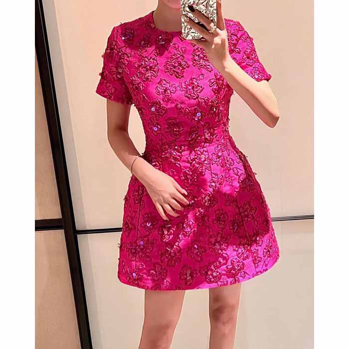 Women Luxury Hand Made 3D Flowers Embroidery Short Mini Dress Hot Pink