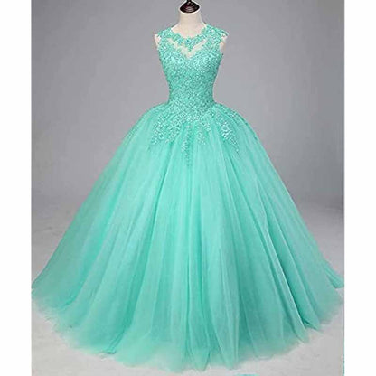 Elegant mint green sweet 16 ball gown for women with intricate lace detailing and tulle skirt