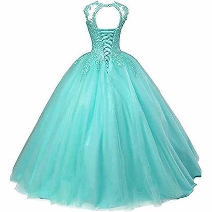 Elegant teal sweet 16 ball gown for women with lace-up back and full tulle skirt