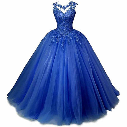 Elegant blue sweet 16 ball gown for women featuring intricate beading and a flowing tulle skirt