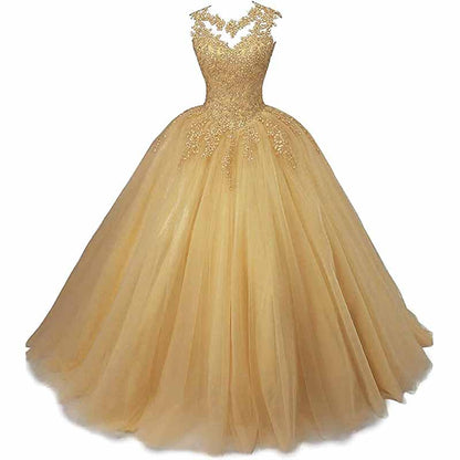 Elegant golden sweet 16 ball gown for women with intricate beading and a flowing tulle skirt
