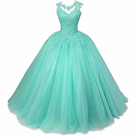 Elegant mint green sweet 16 ball gown for women with intricate lace detailing and full skirt