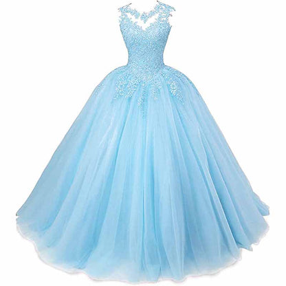 Light blue sweet 16 ball gown for women with intricate floral lace detailing and a full skirt