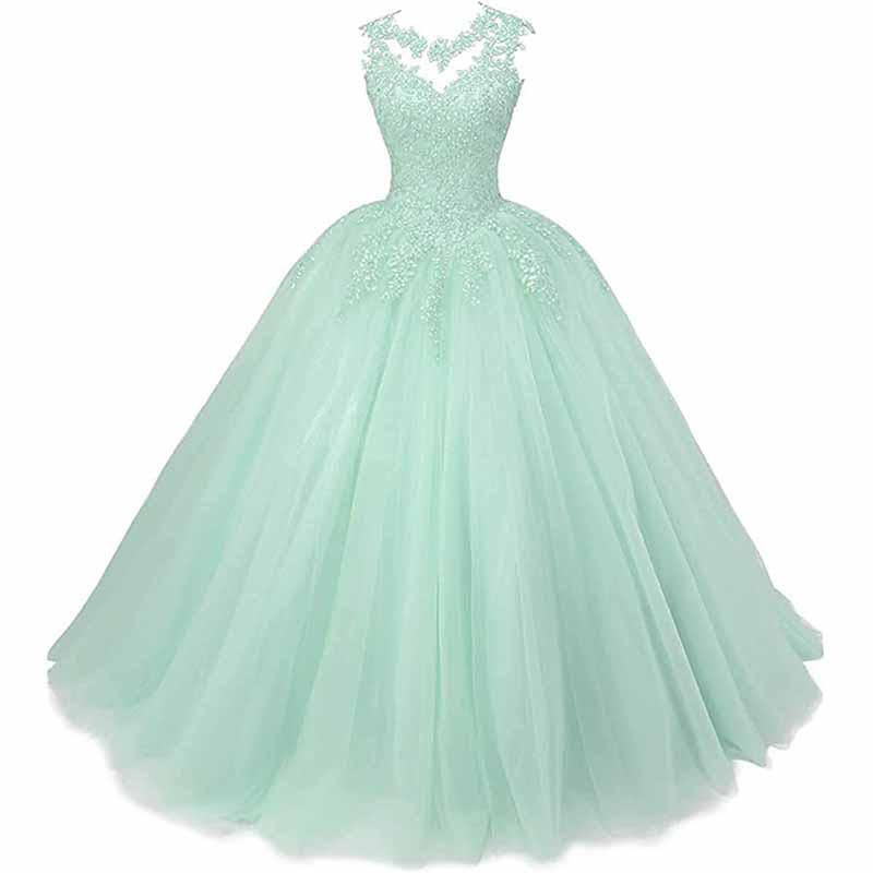 Elegant mint green sweet 16 ball gown for women with intricate lace detailing and a full tulle skirt
