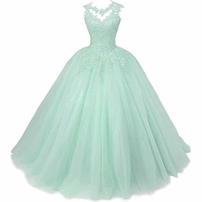 Elegant mint green sweet 16 ball gown for women with intricate lace detailing and a full tulle skirt
