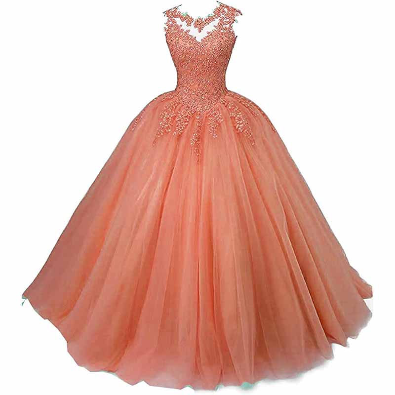 Elegant coral sweet 16 ball gown for women with intricate beading and a full tulle skirt