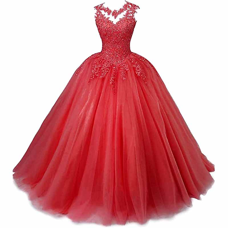 Elegant coral sweet 16 ball gown for women featuring a jeweled neckline and a full tulle skirt