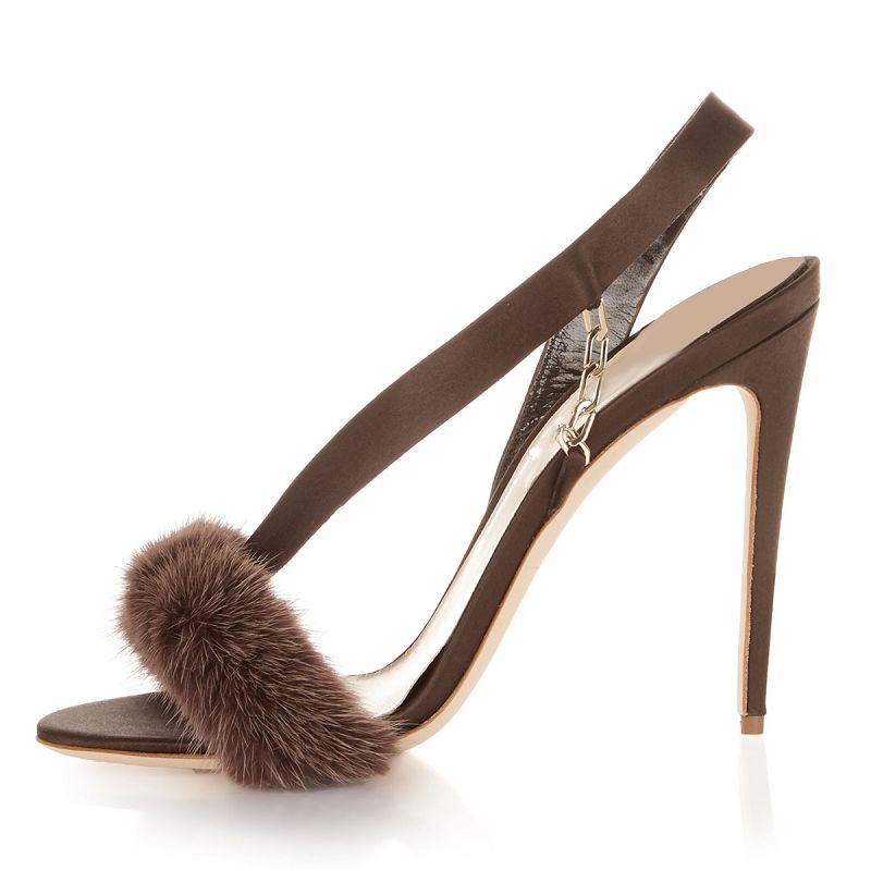 Stylish high heel fur prom shoes in brown with a fluffy pom pom detail and elegant slingback design