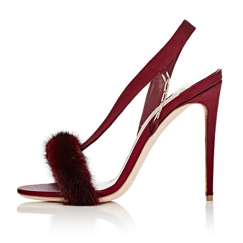Elegant burgundy high heel fur prom shoes with slingback design and plush fur detail