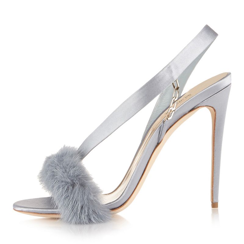 Elegant high heel fur prom shoes in light gray with a satin finish and adjustable strap