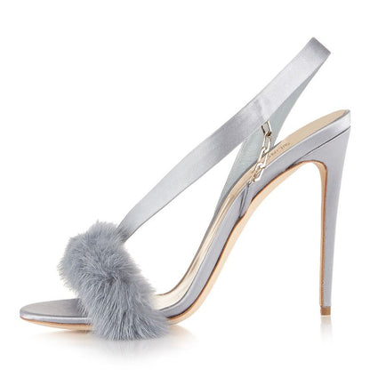 Elegant high heel fur prom shoes in light gray with a satin finish and adjustable strap