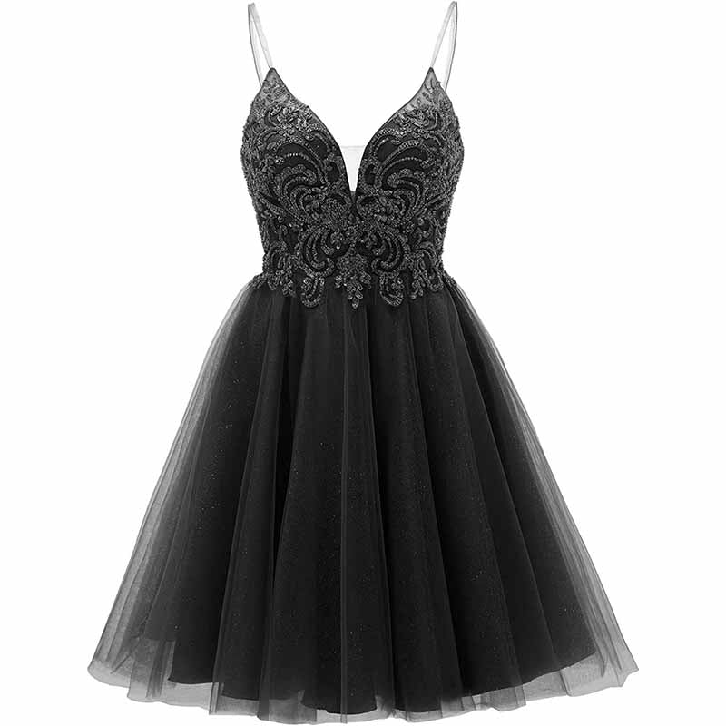 Elegant black tulle homecoming dress for teens with sparkly embellished bodice