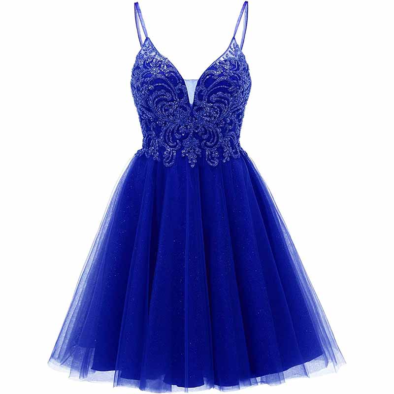 Beautiful blue tulle homecoming dresses for teens with intricate embroidery and a flared skirt
