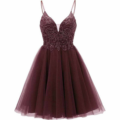 Elegant burgundy tulle homecoming dresses for teens with intricate beadwork and a flattering silhouette