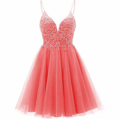 Coral tulle homecoming dress for teens with elegant embroidery and a flattering fitted bodice