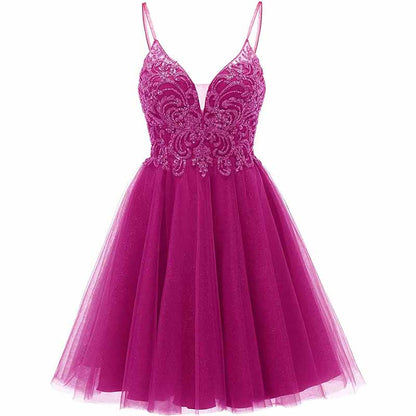 Beautiful magenta tulle homecoming dresses for teens with a stylish V-neck and embroidered bodice