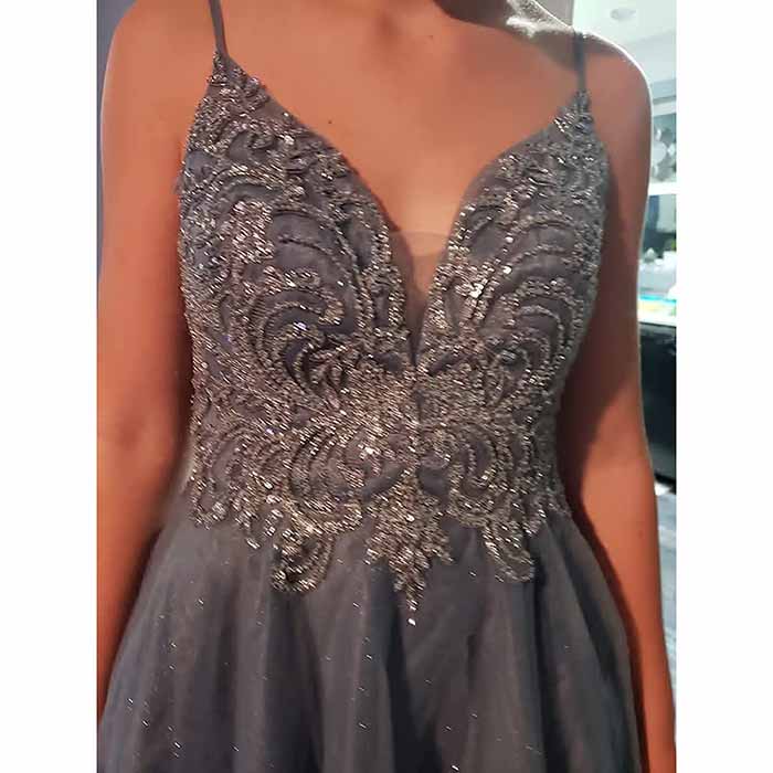 Elegant gray tulle homecoming dresses for teens with intricate beaded detailing