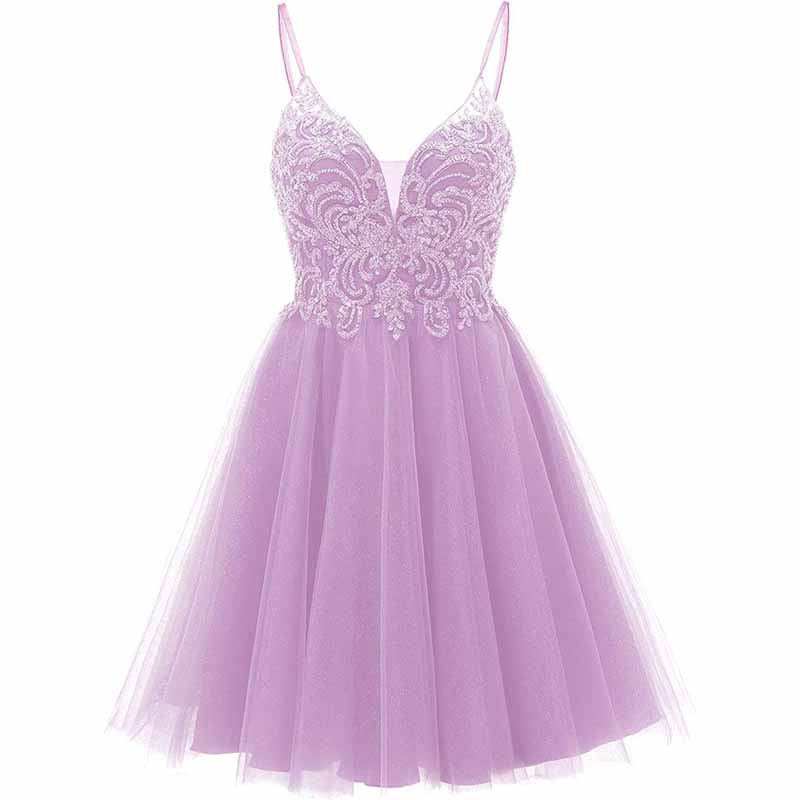 Light purple tulle homecoming dress for teens with elegant beaded bodice and spaghetti straps
