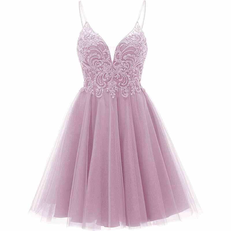 Elegant light pink tulle homecoming dresses for teens with intricate lace detailing and a flattering fit