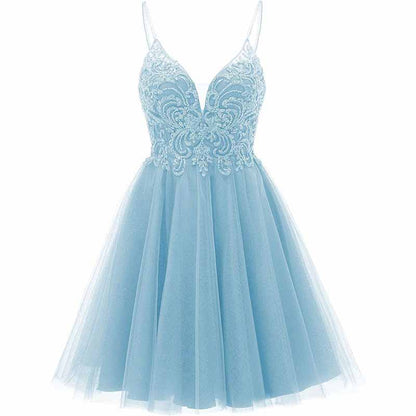 Light blue tulle homecoming dresses for teens with elegant embroidery and a flattering design