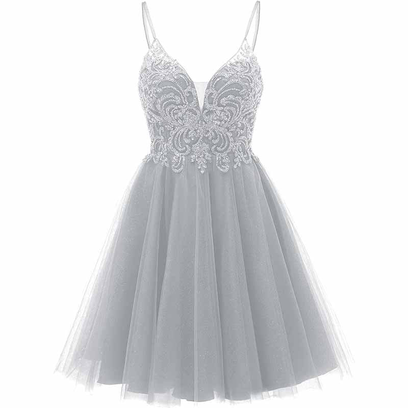 Elegant gray tulle homecoming dress for teens with intricate beading and a flattering design