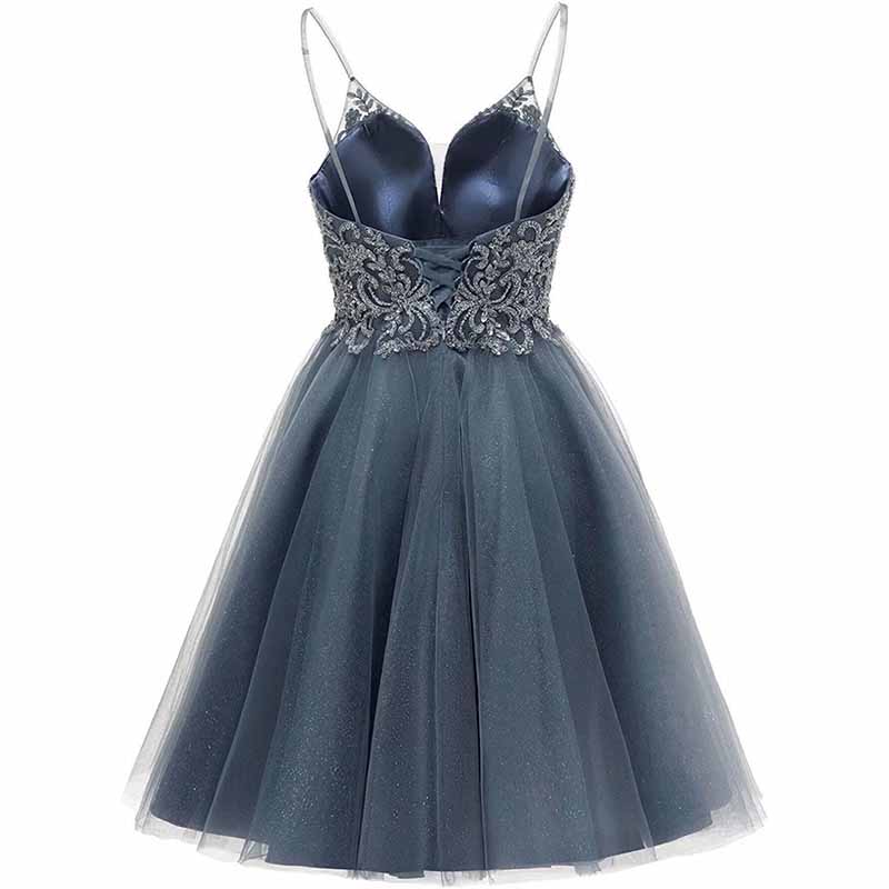 Elegant grey tulle homecoming dresses for teens with embroidered bodice and spaghetti straps